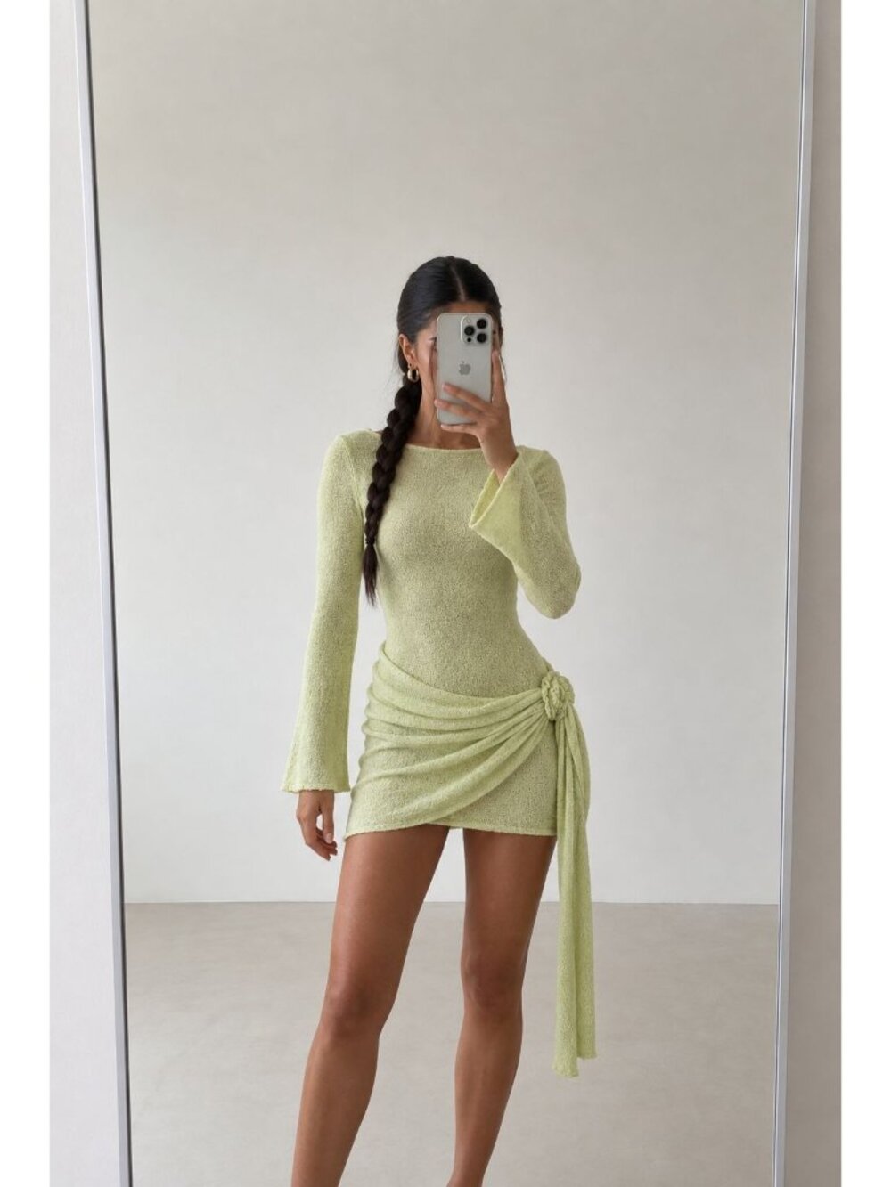 MESHKI Liana Apple Green Long Sleeve Knit Mini Dress Size S NWT